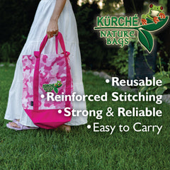 Kurche Nature Bags Flamingo Pink Camo tote bag lifestyle image carrying flowers with “Pink Hues Sustainable Moves” text