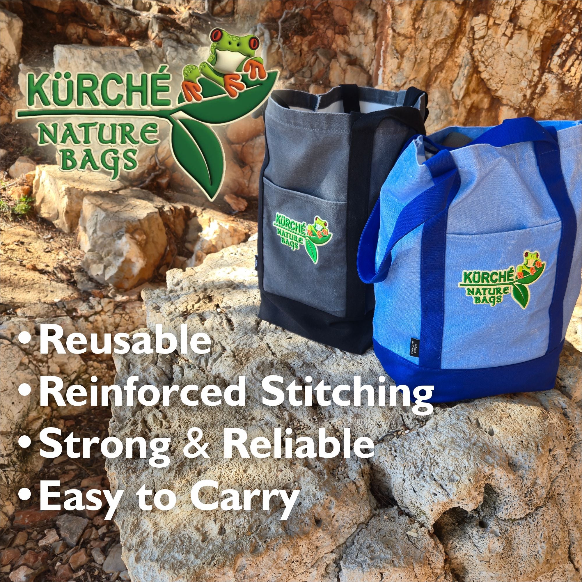 Kurche Nature Bags reusable canvas tote bags in nautical blue and midnight black showing reinforced stitching and strong everyday carry design.