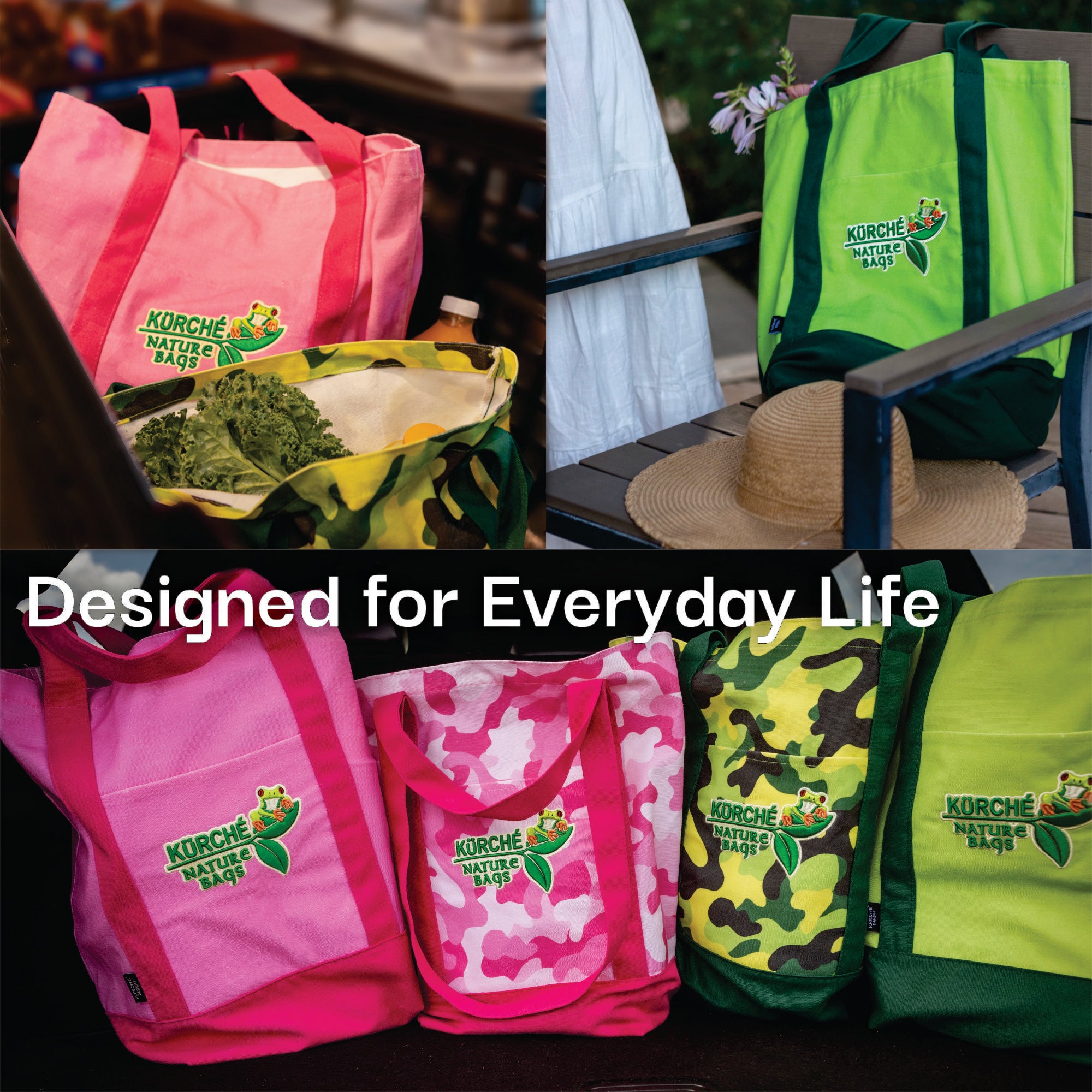 KÜRCHE reusable tote bag lifestyle collage showing Seagrass Green canvas tote for everyday use