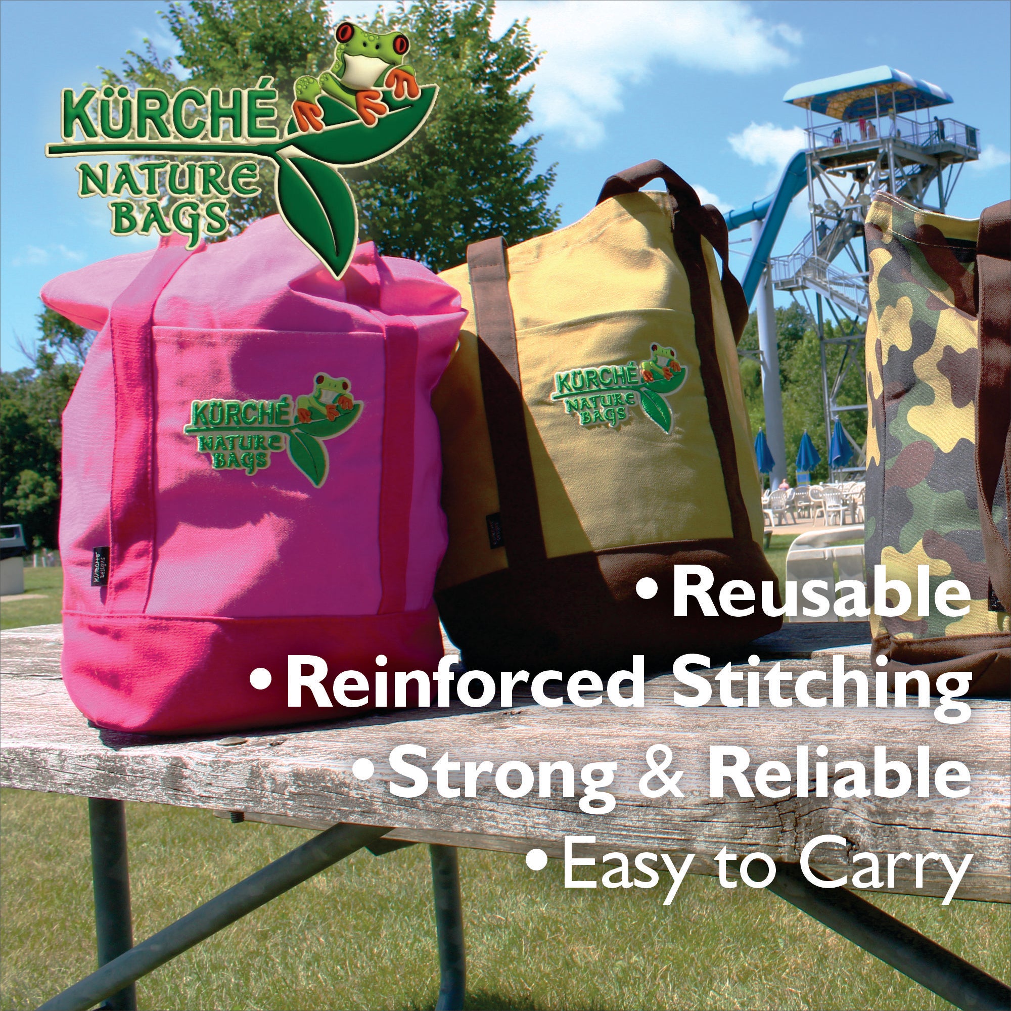 Kurche Nature Bags tote bags outdoors with text: reusable, reinforced stitching, strong & reliable, easy to carry (includes Flamingo Pink)