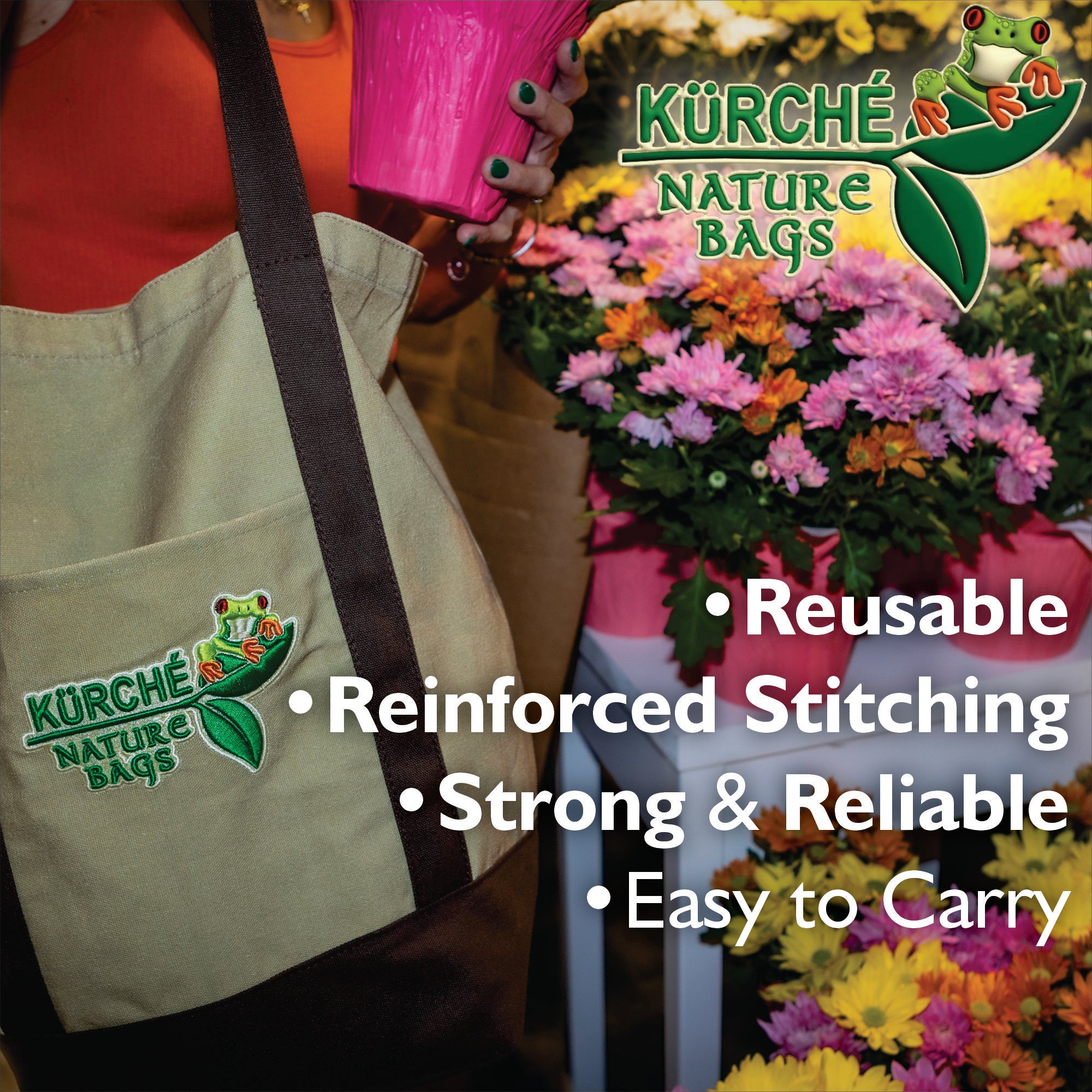 Natural Linen Kurche Nature Bags reusable tote being carried while shopping, highlighting durable canvas and reinforced straps