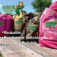 Olive Camo tote bag being carried near flowers with message about a greener tomorrow