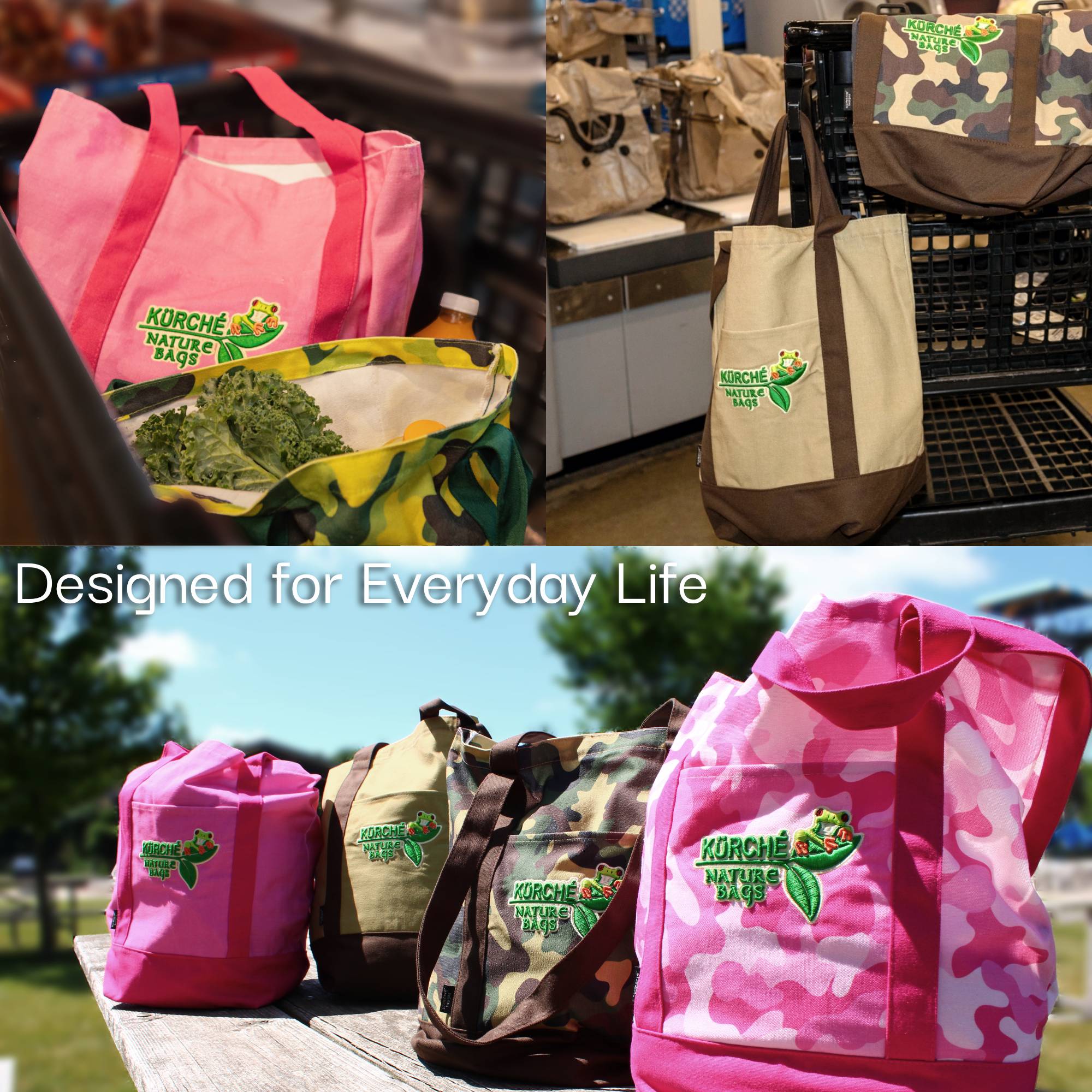 Kürché Nature Bags reusable canvas tote bags in various colors and camouflage designs used for grocery shopping and everyday carry