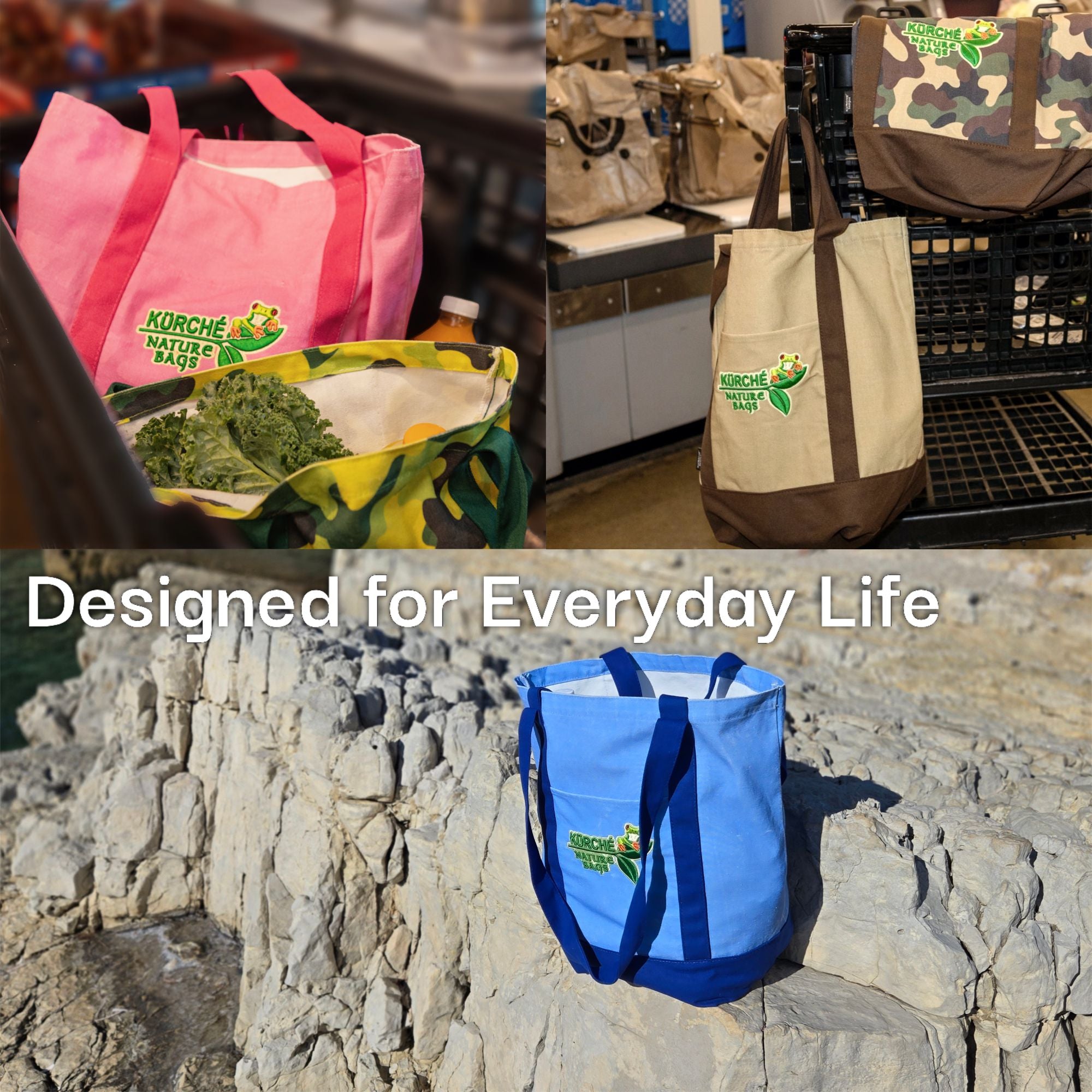 Kurche Nature Bags reusable canvas tote bags used for grocery shopping and everyday activities, shown in pink, camouflage, tan, and blue designs.