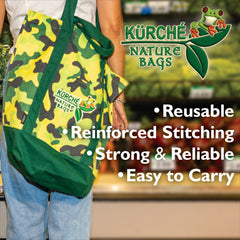 Kurche Nature Bags reusable tote in seagrass green camo carried in a grocery store, featuring reinforced stitching and easy-to-carry design.