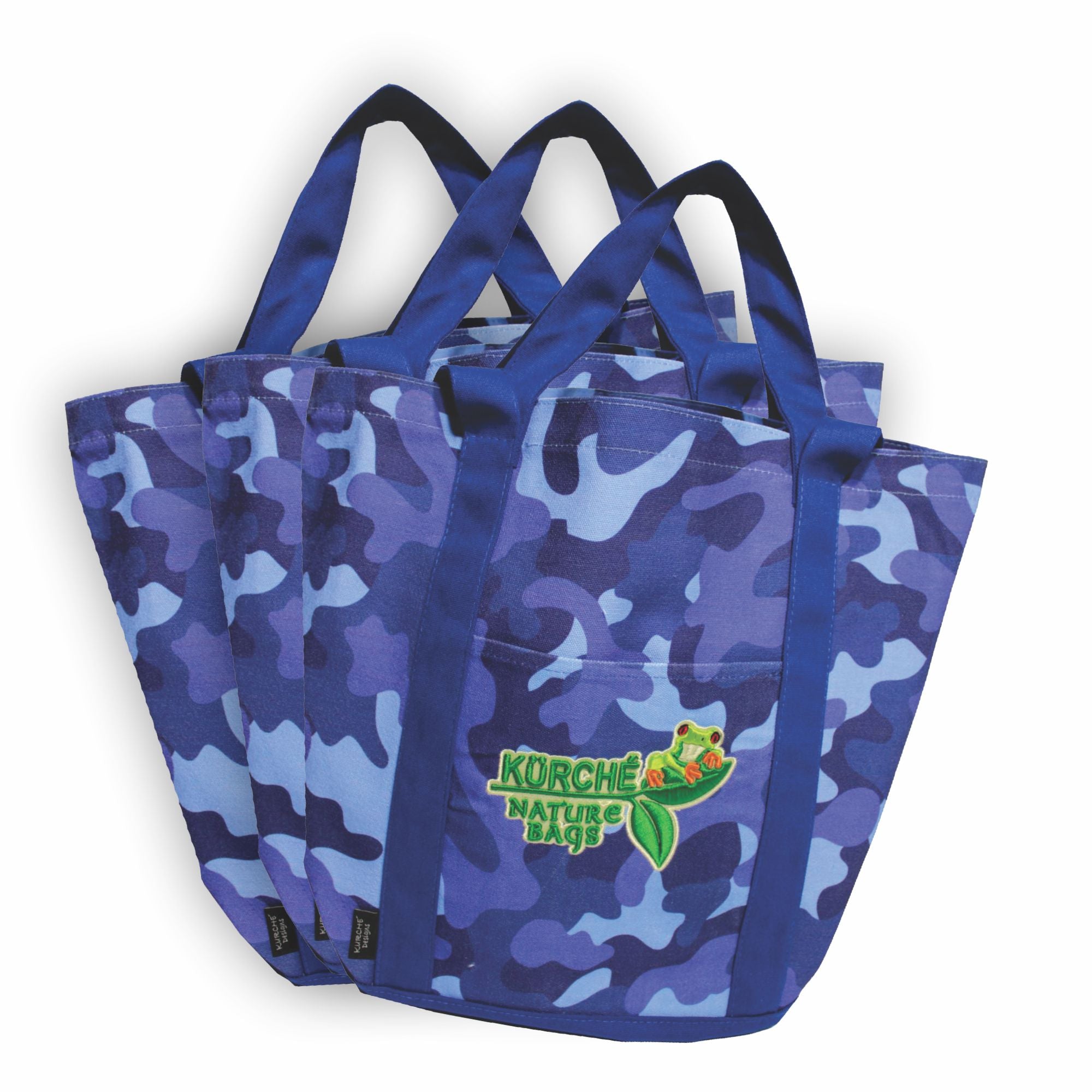 Three Nautical Blue Camo Kürché Nature Bags reusable canvas tote bags grouped together on a white background.