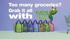 Kurche Nature Bags video cover showing multiple reusable grocery tote bags with the text “Too many groceries? Grab it all with Kurche Nature Bags” and the frog logo.
