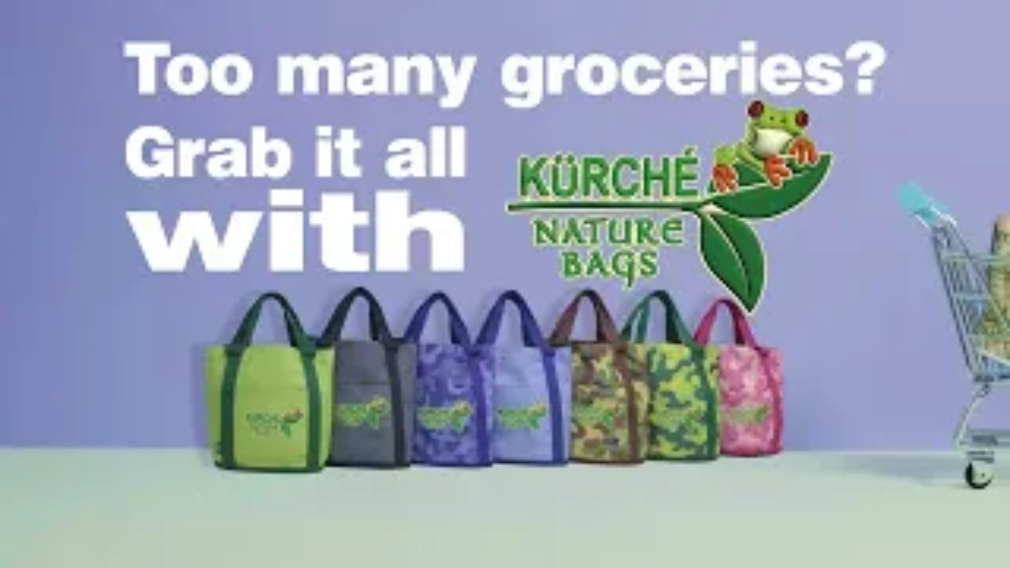 Kurche Nature Bags video cover showing multiple reusable grocery tote bags with the text “Too many groceries? Grab it all with Kurche Nature Bags” and the frog logo.