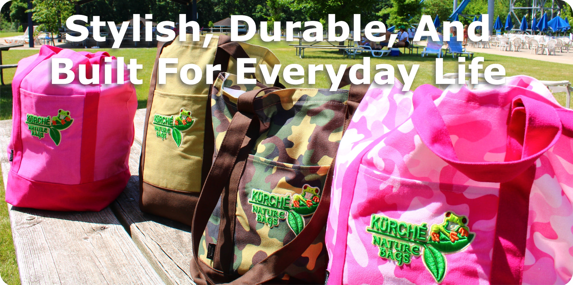 Promotional banner showing colorful Kurche Nature Bags reusable canvas totes with text reading Stylish, Durable, And Built For Everyday Life