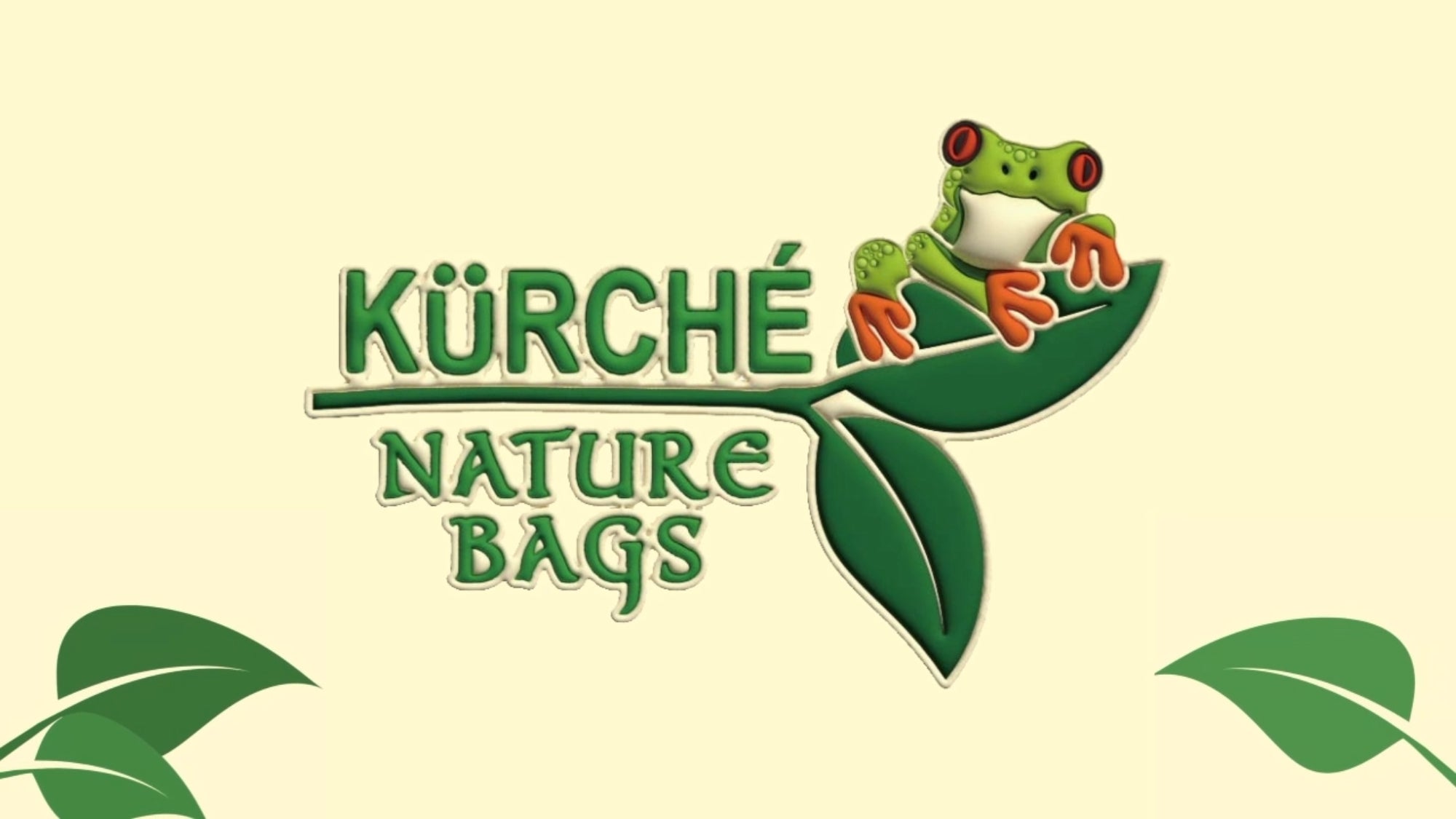 Kurche Nature Bags logo cover image with a frog mascot sitting on a green leaf and the words Kurche Nature Bags on a light background.