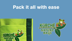 Kurche Nature Bags video cover with the text “Pack it all with ease” showing a lime green reusable canvas tote bag and the Kurche frog logo.
