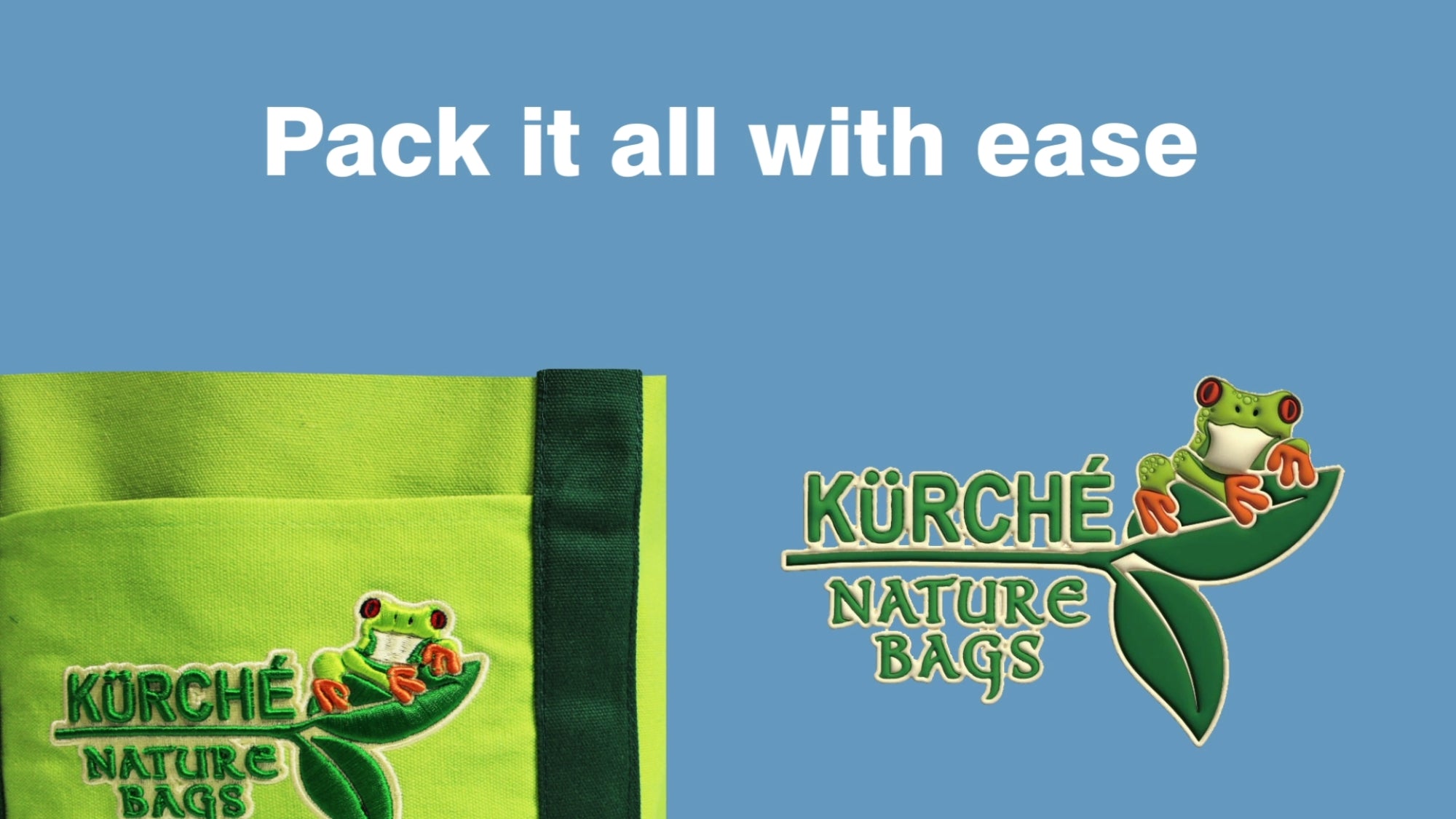 Kurche Nature Bags video cover with the text “Pack it all with ease” showing a lime green reusable canvas tote bag and the Kurche frog logo.